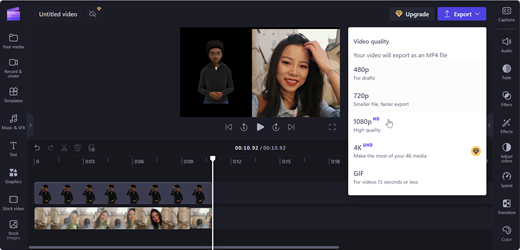 Snímek obrazovky se stránkou editoru Clipchamp znázorňující 1080p jako doporučenou kvalitu rozlišení videa pro uložení videa