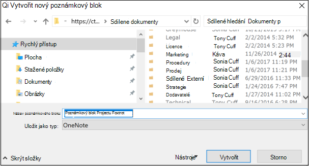 OneNote pro Windows 2016 – Dialogové okno Vytvořit nový poznámkový blok
