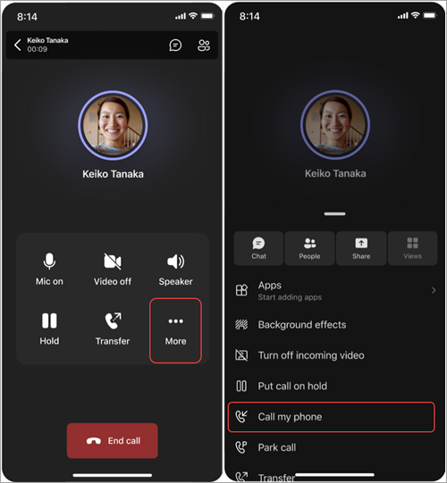 Snímek obrazovky znázorňující postup přesunu hovoru z aplikace Teams Phone Mobile na mobilní telefon