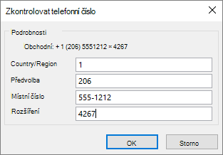 V Outlooku na kartě kontaktu v části Telefonní čísla zvolte požadovanou možnost a podle potřeby aktualizujte dialogové okno Zkontrolovat telefonní číslo.