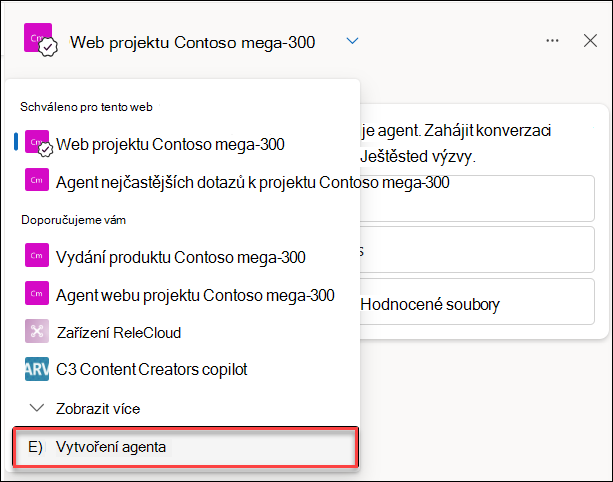 Snímek obrazovky vytvoření nového agenta Copilotu z podokna chatu