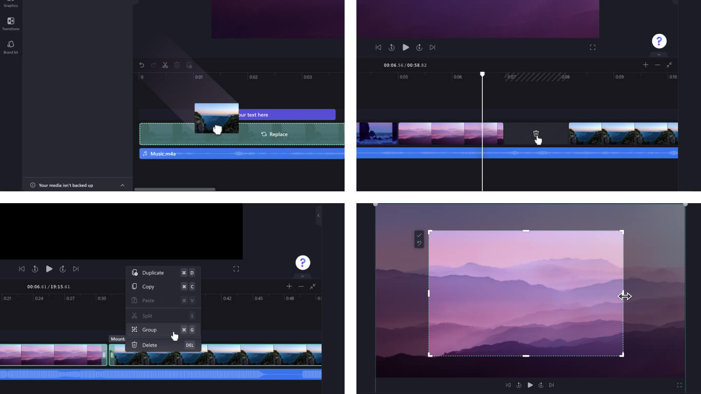 Čtyři obrazovky s klipy ukazují různé úkoly: přetažení obrázku na časovou osu, odstranění mezery na časové ose, seskupování prostředků na časové ose a oříznutí obrázku.