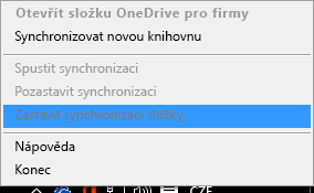 Snímek obrazovky příkazu Zastavit synchronizaci složky po kliknutí pravým tlačítkem na klienta synchronizace OneDrivu pro firmy