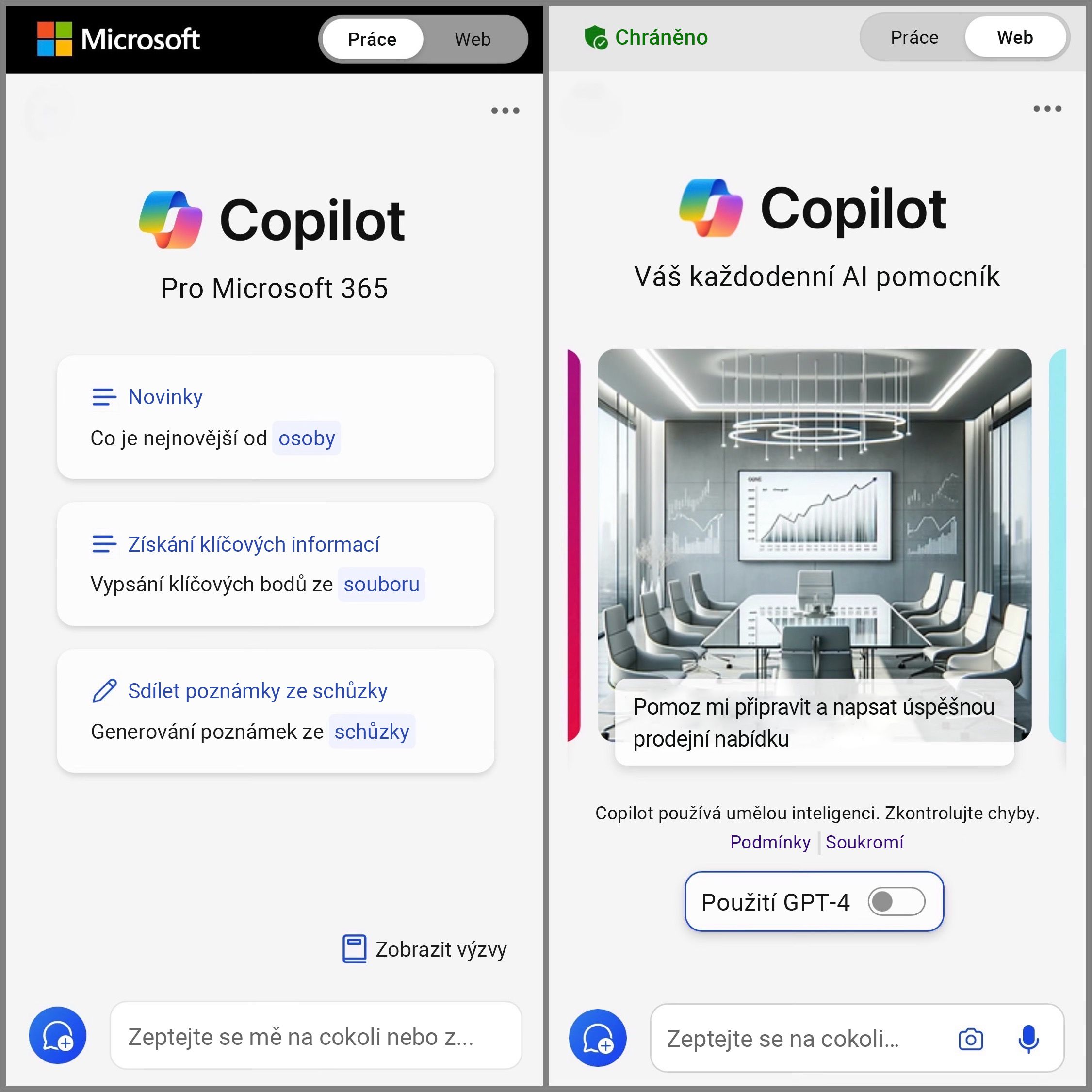 Zobrazuje obrazovku aplikace Copilot Mobile přepnula na Web a Work pro přístup k výzvě chatu.