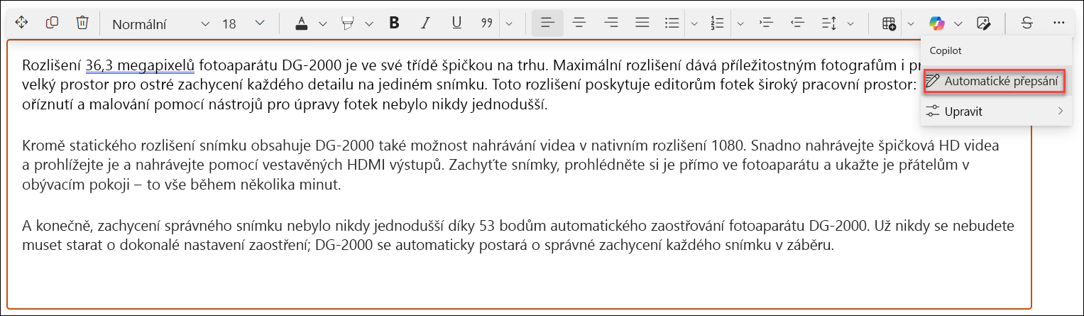 automatické přepisování před – snímek obrazovky příkladu