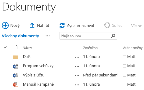 Snímek obrazovky s knihovnou dokumentů v SharePoint Serveru 2016