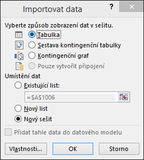 Dialogové okno Importovat data z Excel 2016