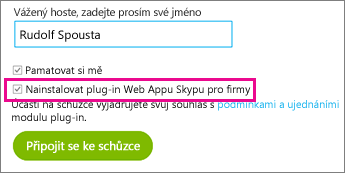 Kontrola zaškrtnutí políčka instalace doplňku webové aplikace Skype pro firmy