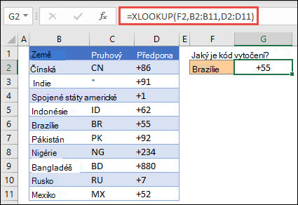 Příklad funkce XLOOKUP, která se používá k vrácení jména a oddělení zaměstnance na základě ID zaměstnance. Vzorec je =XLOOKUP(B2,B5:B14,C5:C14).