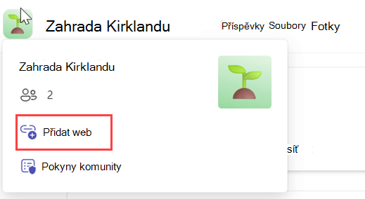 Karta bezplatného profilu Teams s názvem a pokyny pro přidání webu komunity