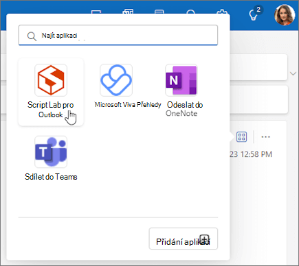 Vysouvací nabídka Aplikace ze zprávy přečtené v Outlook na webu a v novém Outlooku pro Windows.