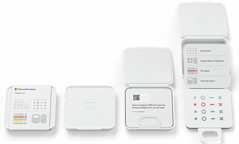 Krabice se sadou Surface Adaptive Kit v každém kroku ze 4 kroků k jejímu vybalení.  