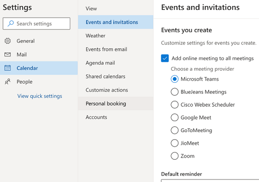 Outlook na webu – vyberte výchozího poskytovatele online schůzek.