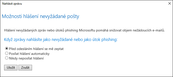 Snímek obrazovky zobrazující možnosti pro zprávy hlášené jako pokusy o nevyžádanou poštu nebo útok phishing