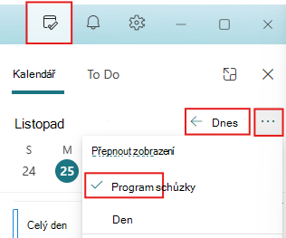 Nastavte podokno Můj den na zobrazení Dnes a Agenda.