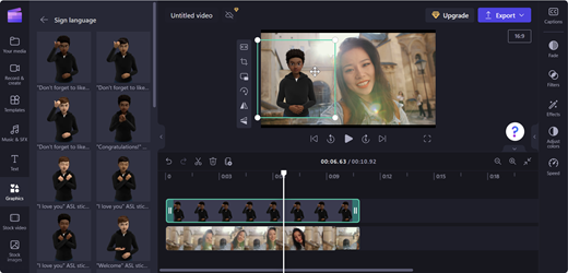 Snímek obrazovky se stránkou editoru Clipchamp s avatarem na levé straně pódia nad videem