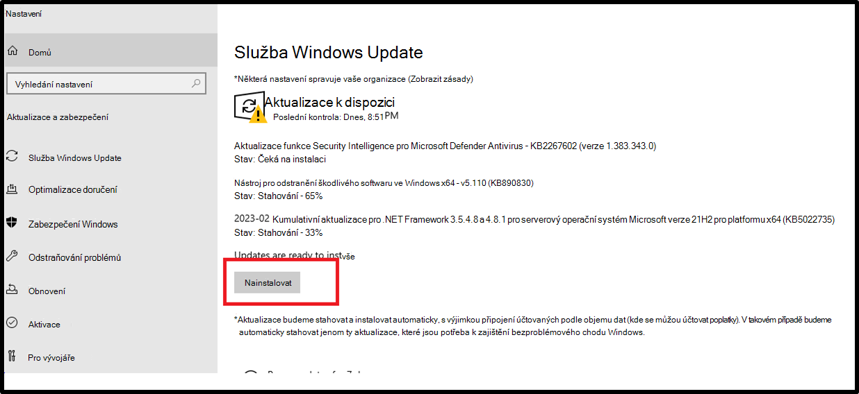 uživatelské rozhraní nastavení služba Windows Update