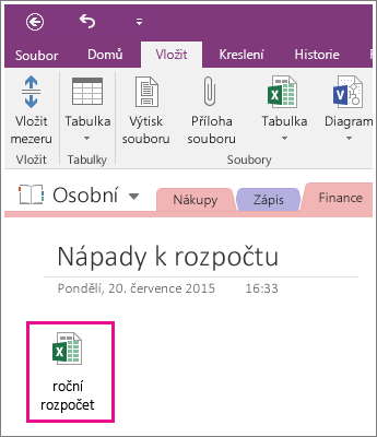 Snímek obrazovky s tabulkou připojenou v OneNotu 2016