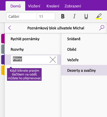 Snímek obrazovky s postupem přejmenování oddílu ve OneNotu