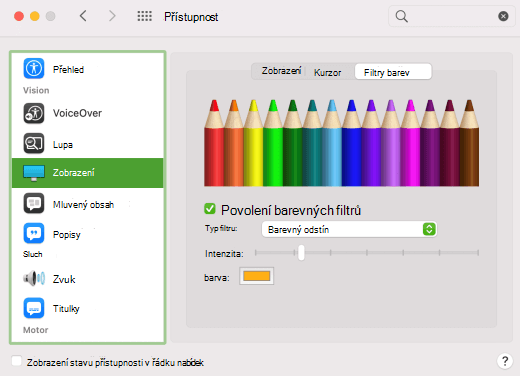 Možnost filtrů barev povolená v nastavení macOS.