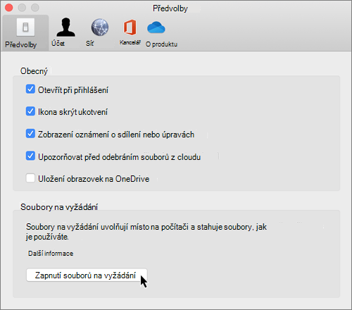 Snímek obrazovky s předvolbami na Macu pro OneDrive soubory na vyžádání