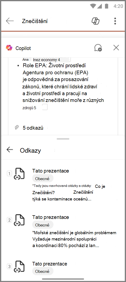 Snímek obrazovky Copilotu v aplikaci PowerPoint na zařízení s Androidem a podklady pro odpověď Shrň tuto prezentaci