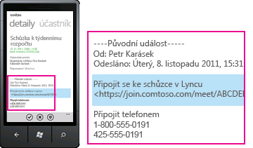 Snímek obrazovky ukazující telefonní číslo příchozího hovoru a odpovídací tlačítko v Lyncu pro mobilní klienty