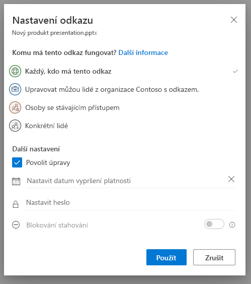Snímek obrazovky s rozevíracím tlačítkem Sdílet v OneDrive