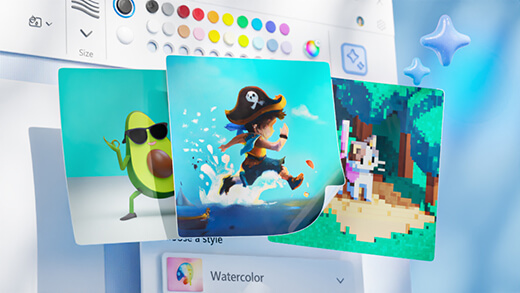 Kreativní obrázek, který ukazuje 3 příklady toho, co můžete vytvořit pomocí aplikace Paint Cocreator. Na obrázcích se nachází kreslený pirát běžící po vodě, tančící avokádo se slunečními brýlemi a kočka z Minecraftu v lese.