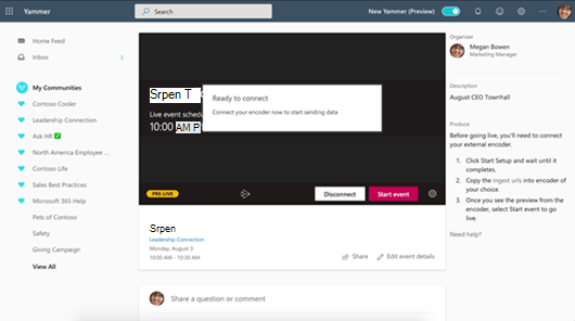 Screenshot showing starting a Live Event in Yammer