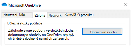karta Backup v nastavení plochy pro OneDrive