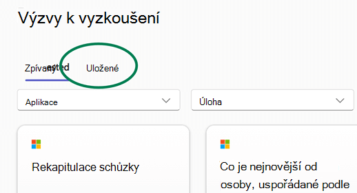 Knihovna výzev Copilot Lab se zvýrazněnou kartou Uložené výzvy.