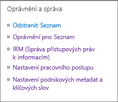 Seznam oprávnění a odkazy Nastavení správy