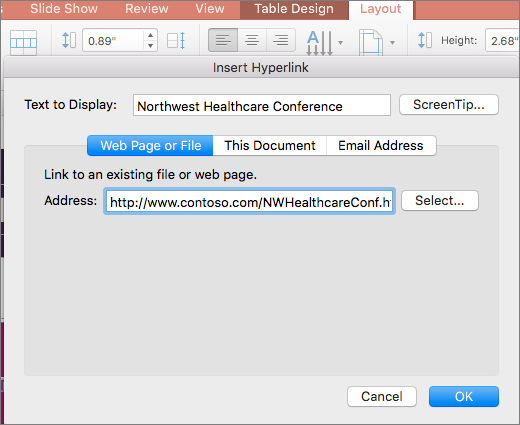 Snímek obrazovky dialogového okna Vložit hypertextový odkaz