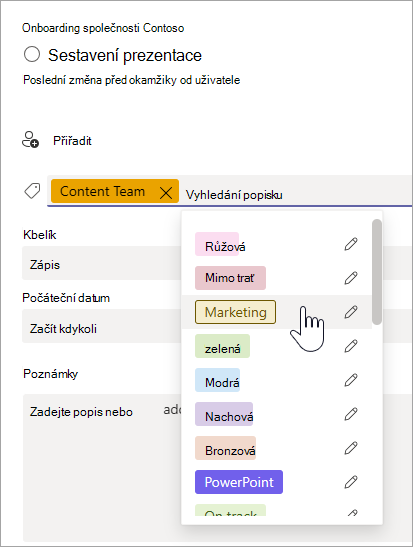 Výběr popisku v podrobnostech úkolu v Planner