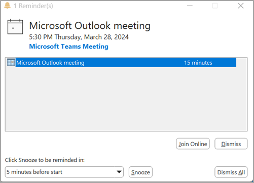 Snímek obrazovky s připomenutím schůzky v Outlooku four.png