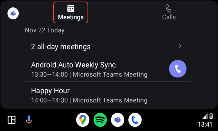 Snímek obrazovky znázorňující, jak se připojit ke schůzkám pomocí Android Auto