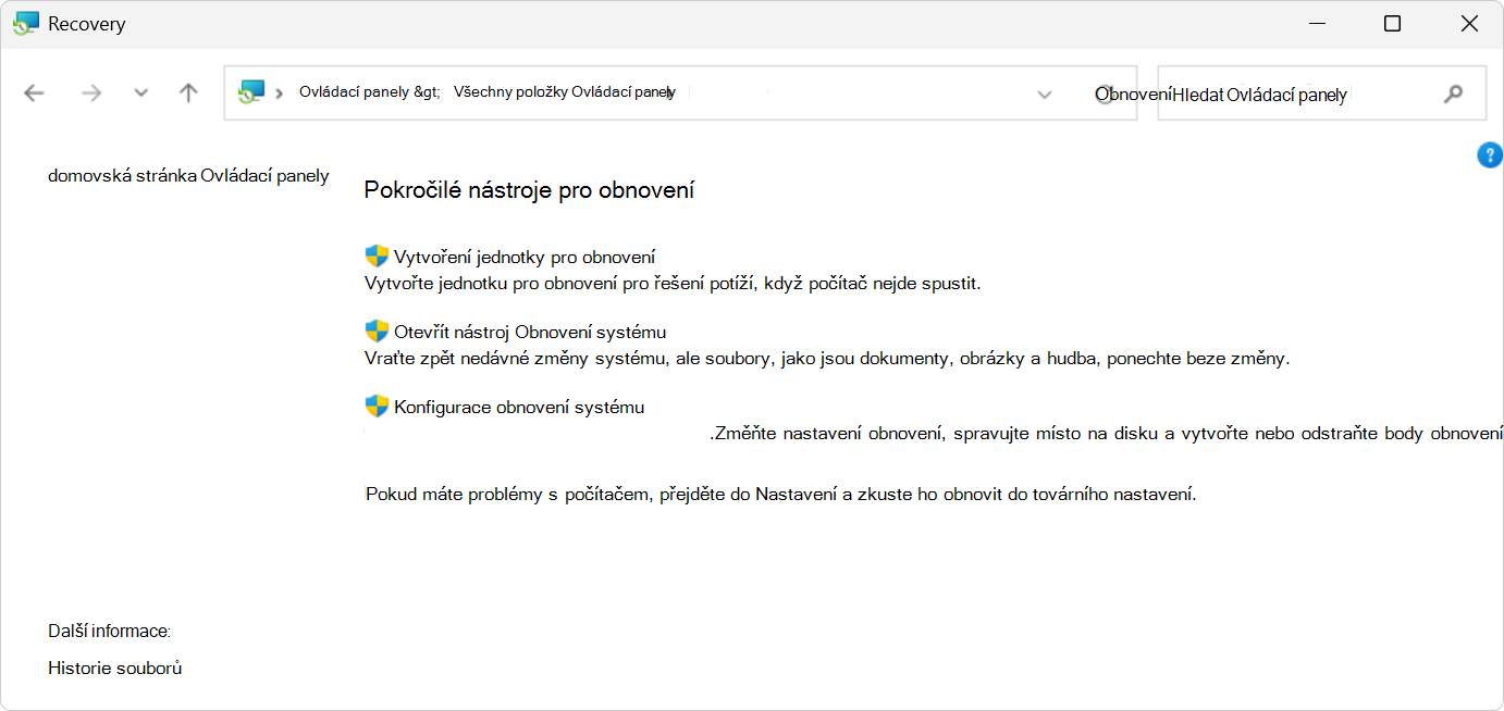 Snímek obrazovky s možnostmi obnovení v Ovládací panely