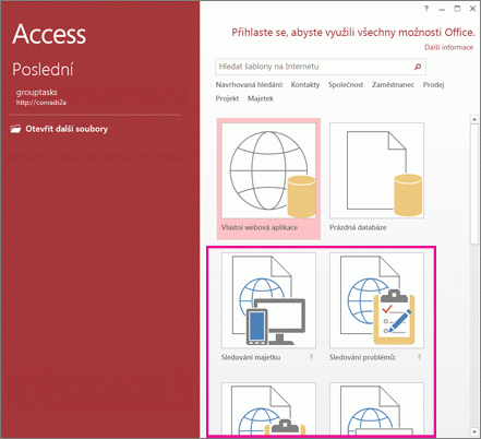 Šablony aplikací na úvodní obrazovce Accessu 2013.