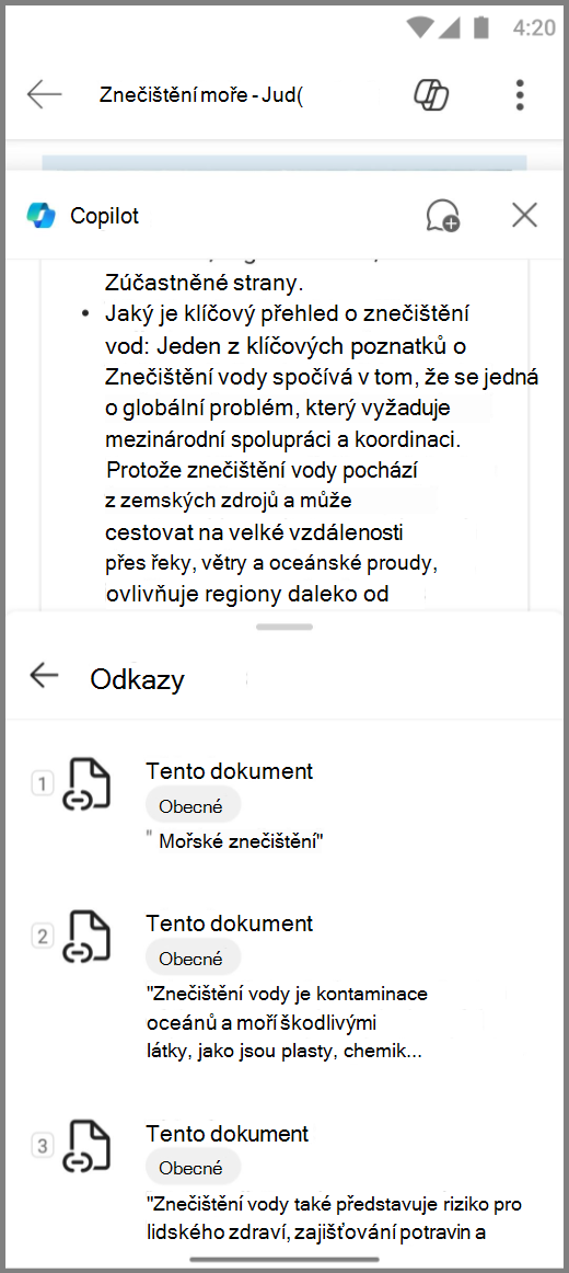 Snímek obrazovky Copilotu v aplikaci Word na zařízení s Androidem podklady pro odpověď Copilotu