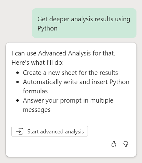 Snímek obrazovky znázorňující chat Copilotu v Excelu s výzvou k zahájení hlubší analýzy pomocí Pythonu