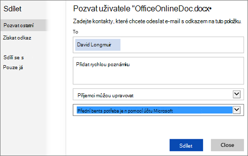 Snímek obrazovky s dialogovým oknem Sdílet se zobrazenou možností Příjemci se musí přihlásit pomocí účtu Microsoft