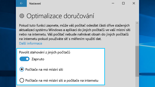 Nastavení Optimalizace doručení v systému Windows 10