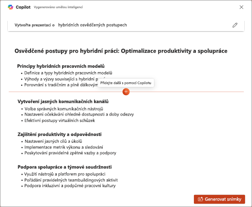 Snímek obrazovky s funkcí Přidat další pomocí Copilotu v Aplikaci PowerPoint Copilot.