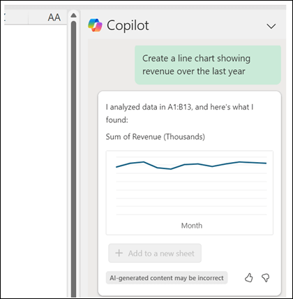 Podokno Copilot zobrazující výzvu "Create a line chart showing revenue over the last year" (Vytvořit spojnicový graf zobrazující výnosy za minulý rok) následovaný vygenerovaným spojnicovým grafem zobrazujícím výnosy.