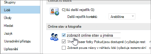 Lidé karta v dialogovém okně Možnosti se zvýrazněnou možností Zobrazit stav online