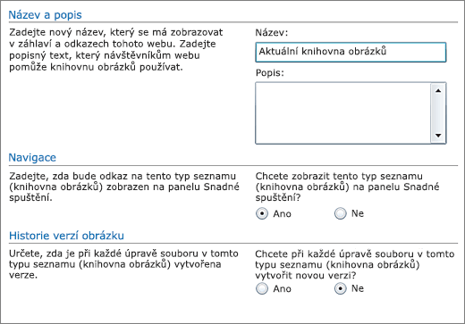 Dialogové okno pro přidání názvu, diagramu, navigace snadného spuštění a vytváření verzí