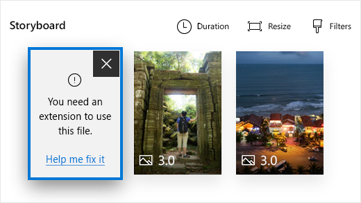 V Editoru videa aplikace Fotky se zobrazí chyba s tím, že k použití tohoto souboru potřebujete rozšíření.