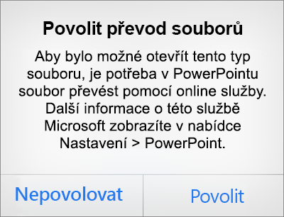 Zobrazuje výzvu týkající se ochrany osobních údajů u ODF v PowerPointu pro iPhone.