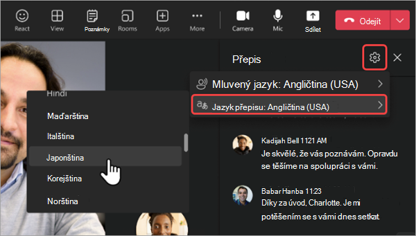 Snímek obrazovky uživatelského rozhraní s možnostmi jazyka překladu přepisu uživatele